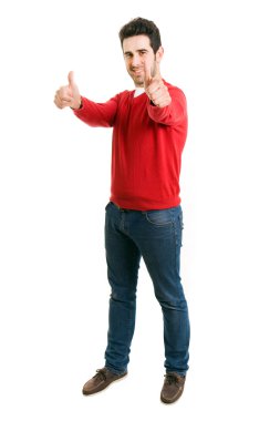 Genç casual adam tam vücut başparmak yukarıya üstünde izole beyaz