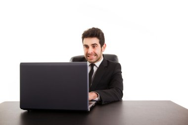 genç iş adamı ile beyaz izole, Ofis Masası, laptop