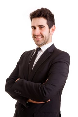 Beyaz arka plan üzerinde izole gülümseyen genç iş adamı