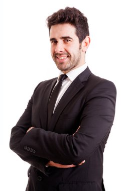 Beyaz arka plan üzerinde izole gülümseyen genç iş adamı