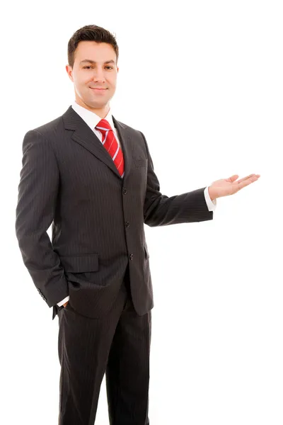 Homem de negócios feliz apresentando, isolado no fundo branco — Fotografia de Stock