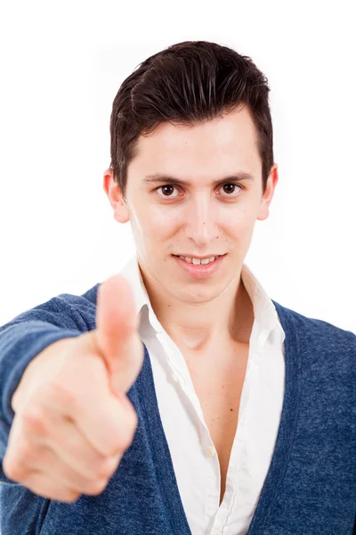 Smiling young man with thumbs up isolated white background — Stock Photo, Image