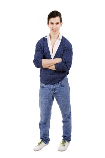 Jovem homem casual comprimento total em um fundo branco — Fotografia de Stock