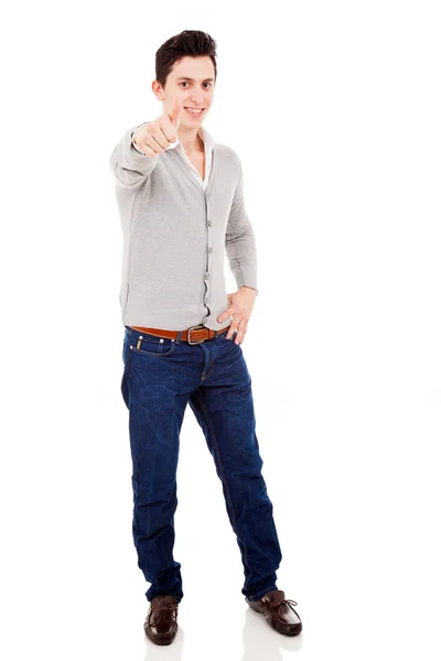 Young casual man thumb up in a white background — Stock Photo, Image