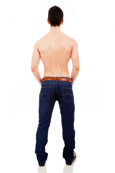Giovane maschio muscoloso dalla schiena, isolato su sfondo bianco — Foto Stock