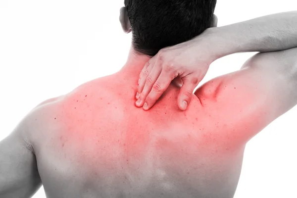 sırt ağrısı, üzerinde beyaz izole genç adamla