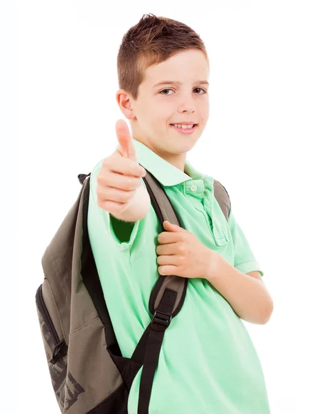Menino da escola feliz dando polegares para cima, isolado no fundo branco — Fotografia de Stock