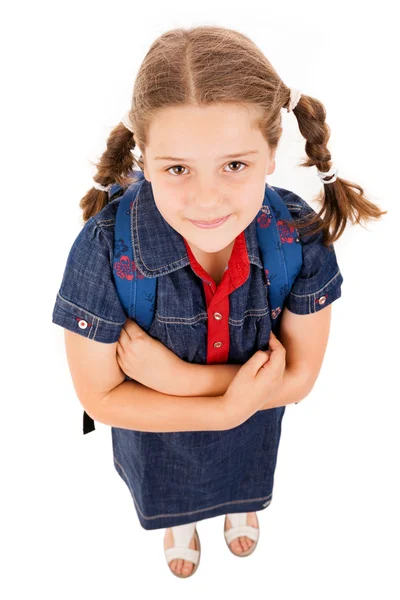 Portrait corporel complet d'une écolière avec sac à dos, isolé sur w — Photo