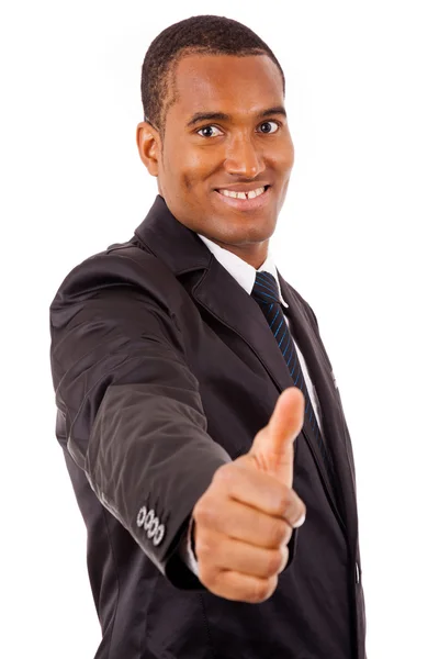 Retrato de un hombre de negocios afroamericano inteligente mostrando un cartel con los pulgares hacia arriba sobre fondo blanco —  Fotos de Stock