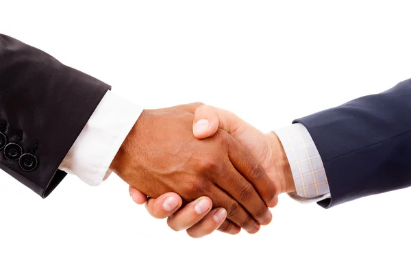 Handshake between african and a caucasian business man, isolated — Stock Photo, Image