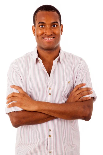 Αφρικανικός Αμερικανός νεαρός Μαύρος άνδρας χαμογελώντας, απομονωμένα σε λευκό — Φωτογραφία Αρχείου
