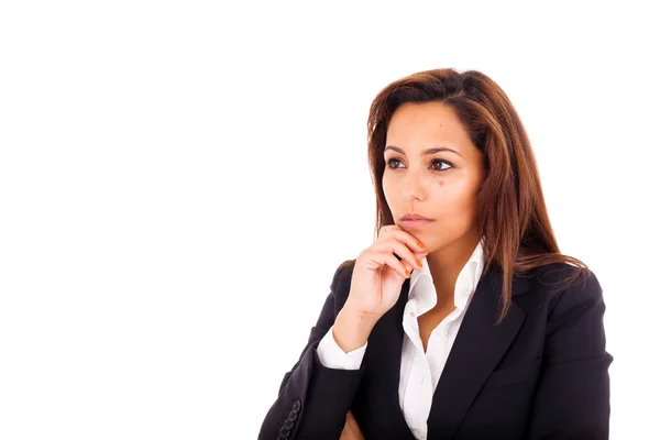 Young beautiful business woman thinking, isolated on white — Stock Photo, Image