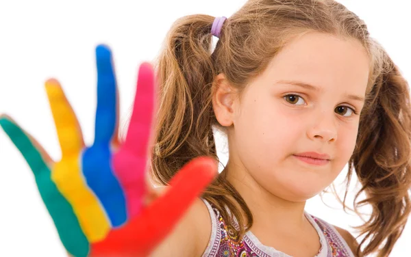 Linda menina com as mãos pintadas, isolada em branco — Fotografia de Stock