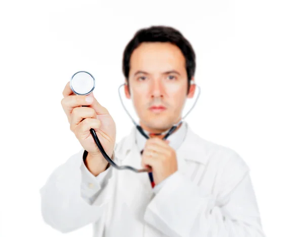 Doctor holding stethoscope on white background — Stock Photo, Image