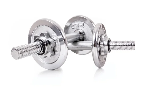 Chromed dumbbells weights over white background — Zdjęcie stockowe