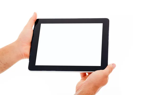 Mani che tengono il tablet. Isolato su sfondo bianco . — Foto Stock