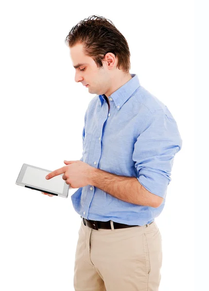 Jovem trabalhando com um computador tablet contra backgroun branco — Fotografia de Stock