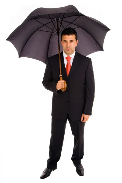 Corps complet de jeune homme d'affaires avec parapluie sur fond blanc — Photo