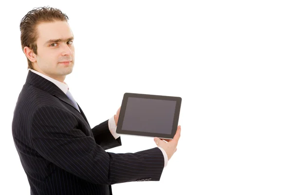 Jonge zakenman met tablet pc. Geïsoleerd over witte achtergrond — Stockfoto