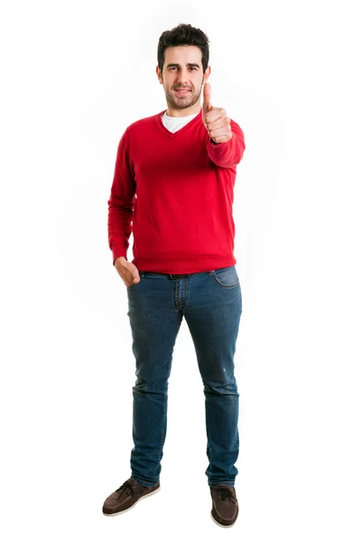 Young casual man full body thumb up, isolated on white — Stock Photo, Image