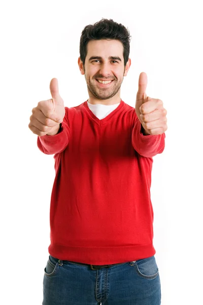 Ein lächelnder Mann zeigt ein Zeichen nach oben, isoliert auf weißem Hintergrund — Stockfoto