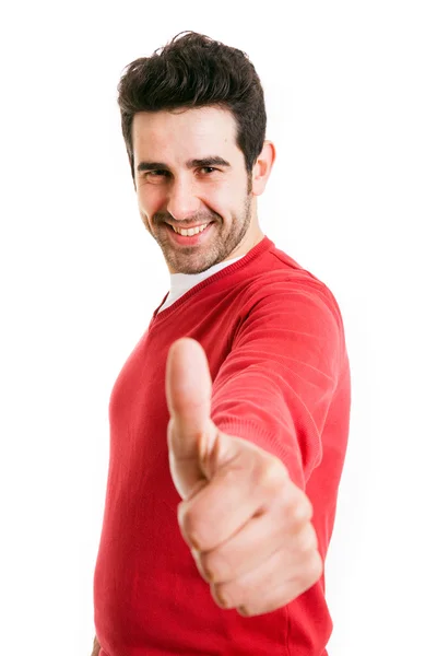 Jovem feliz homem casual polegares para cima no fundo branco — Fotografia de Stock