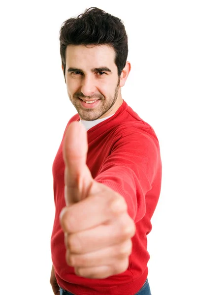 Un hombre sonriente mostrando el pulgar hacia arriba, aislado sobre fondo blanco —  Fotos de Stock