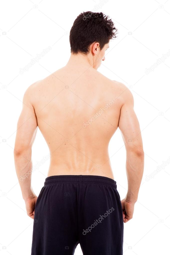 Muscular male back isolated on white background.