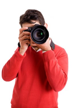 beyaz zemin üzerinde kamera ile profesyonel fotoğrafçı