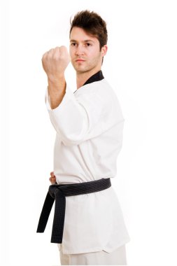 kimono excercising dövüş sanatları üzerine beyaz izole, genç adam