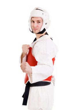 genç adam intaekwondo vites beyaz arka plan üzerinde.