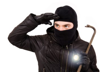 hırsız feneri ve beyaz izole levye ile