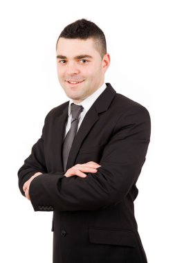 Beyaz arka plan üzerinde izole mutlu genç iş adamı