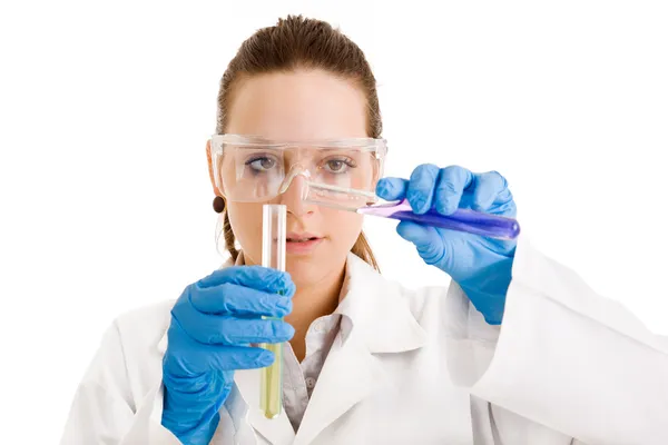 Female scientist making experiences, isolated on white — Stock Photo, Image