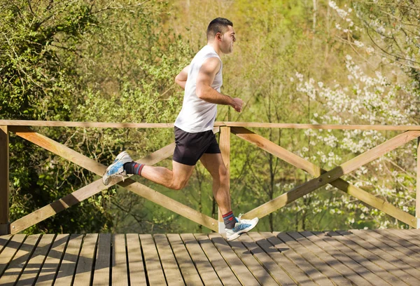 Junger gesunder Mann läuft durch den Park — Stockfoto