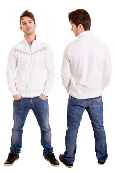 Frente e costas de um jovem casual corpo inteiro de pé isolado sobre branco — Fotografia de Stock