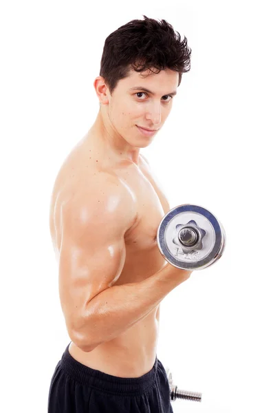 Junger muskulöser Mann beim Heben von Gewichten, isoliert auf weiß — Stockfoto