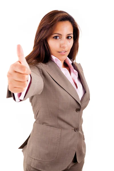 Happy smiling business woman thumbs up, isolated on white Stock Photo