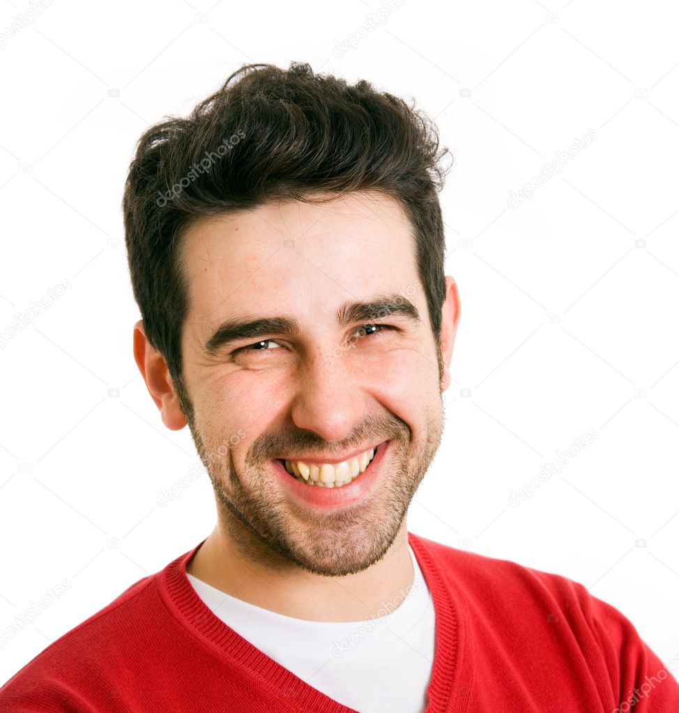 Close up portrait of young man laughing, isolated on white backg