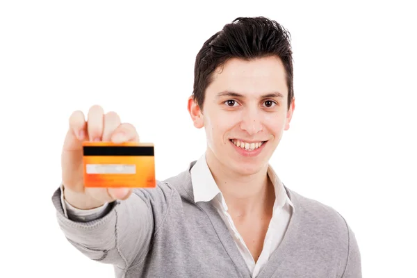 Gelukkig man met credit card, geïsoleerd op wit — Stockfoto