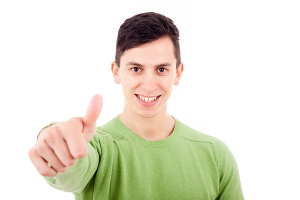 白い背景の上の若い男がカジュアルな親指 — ストック写真
