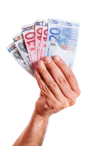 Hand met eurobankbiljetten, geïsoleerd op wit — Stockfoto