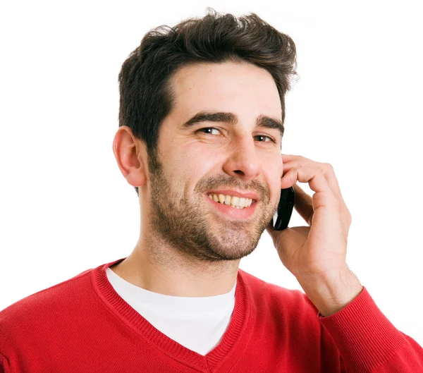 De cerca retrato de un hombre guapo hablando en el teléfono celular , — Foto de Stock