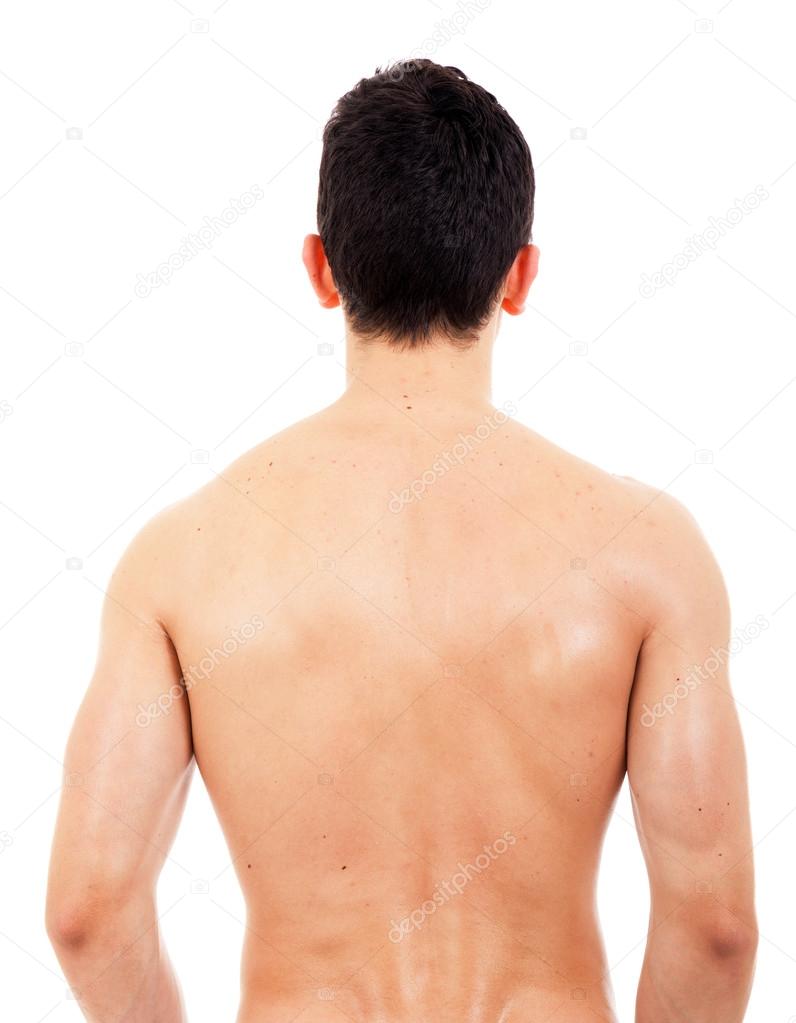 Back view of sexy muscular man, isolated on white