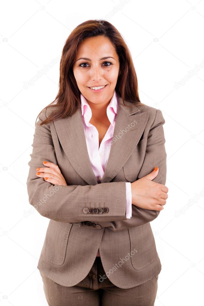 Smiling business woman portrait. Isolated over white background