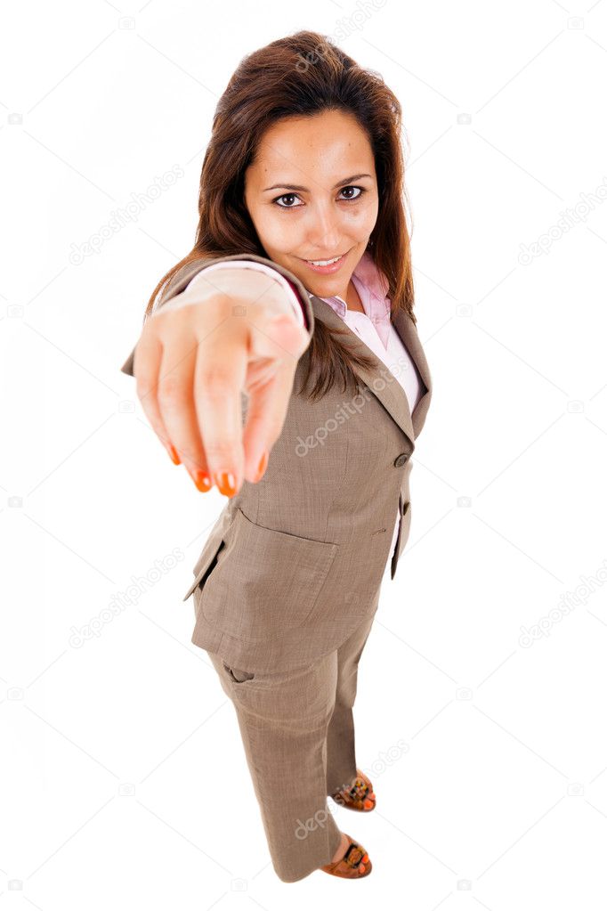 Full length of business woman pointing the finger at you, isolat