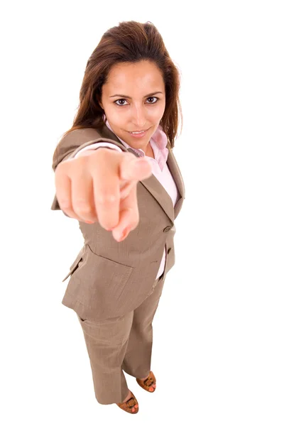 Young businesswoman pointing at you, isolated on white backgroun — Stock Photo, Image