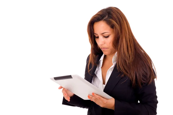 タブレット コンピューターと若いビジネス女性。白いバクの分離 — ストック写真