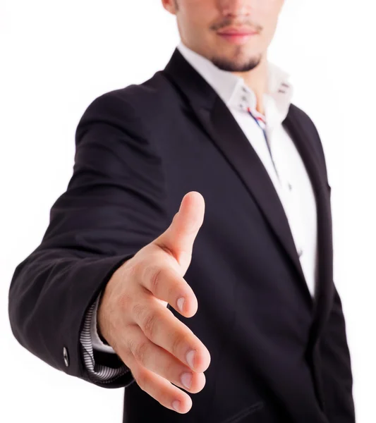 A business man with an open hand ready to seal a deal, isolated — Stock Photo, Image