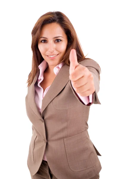 Smiling business woman with thumbs up gesture, isolated on white Stock Image